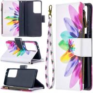 samsung galaxy s21 5g case - premium pu leather wallet case with magnetic closure, flip folio design, kickstand, 3 card slots, and wrist strap (s21 white) logo