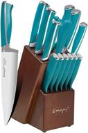 🔪 emojoy 15-piece kitchen knife set with wooden block - lake blue handle, chef knife set, sharpener, scissors - german stainless steel logo