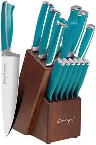 img 4 attached to 🔪 Emojoy 15-Piece Kitchen Knife Set with Wooden Block - Lake Blue Handle, Chef Knife Set, Sharpener, Scissors - German Stainless Steel