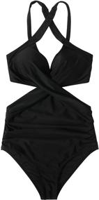 img 2 attached to 👙 RUUHEE Women's Tummy Control Criss Cross Halter One Piece Swimsuit with Ruched Detail and Adjustable Tie Back - Stylish Bathing Suit