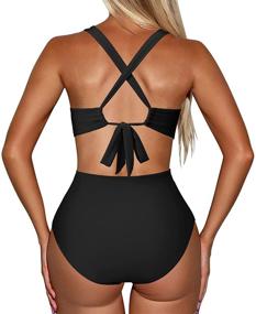 img 3 attached to 👙 RUUHEE Women's Tummy Control Criss Cross Halter One Piece Swimsuit with Ruched Detail and Adjustable Tie Back - Stylish Bathing Suit