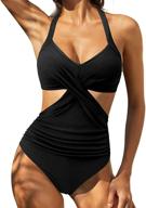 👙 ruuhee women's tummy control criss cross halter one piece swimsuit with ruched detail and adjustable tie back - stylish bathing suit logo