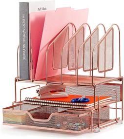 img 4 attached to 🌹 Stylish Rose Gold Desk Organizer: Beiz with Drawer, Trays, and File Holders for Women's Office Supplies - Home, School, College Dorm