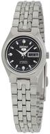 symk43 women's seiko 5 stainless steel case and bracelet black dial watch logo