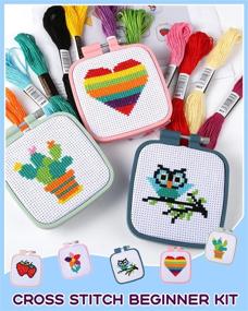 img 1 attached to 5PCS Cross Stitch Beginner Kit for Children 7-13, Includes 5 Project Patterns and 5pcs Square Embroidery Hoops, 11 Skeins, Needle Point Starter Kit Sewing Set with Instructions - Perfect for Kids Learning Embroidery