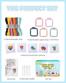 img 3 attached to 5PCS Cross Stitch Beginner Kit for Children 7-13, Includes 5 Project Patterns and 5pcs Square Embroidery Hoops, 11 Skeins, Needle Point Starter Kit Sewing Set with Instructions - Perfect for Kids Learning Embroidery