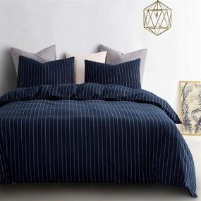 img 3 attached to 🛏️ Navy Striped Comforter Set - White Vertical Ticking Stripes Pattern on Navy Blue, 100% Cotton Fabric with Soft Microfiber Inner Fill Bedding (3pcs, Queen Size) by Wake In Cloud