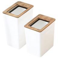 🗑️ doxiglobal set of 2 slim plastic trash cans - rectangular wastebaskets with wood lip, small garbage containers for home, office, bathroom, kitchen - white, 2 gallon and 2.4 gallon logo