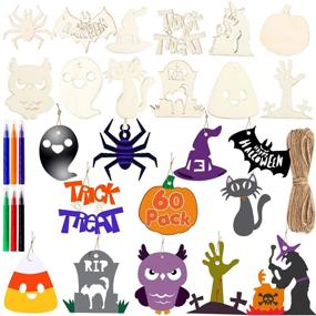 img 4 attached to 60 Pcs VEYLIN Halloween Wooden Ornaments, Unfinished Hanging Ornaments for Halloween Party Supplies