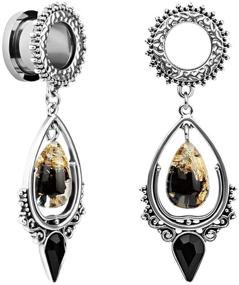 img 4 attached to 🏻 Large Dangle Bridal Plug Ear Gauges Stretching Tapers Screw Fit Tunnels with TBOSEN Black Obsidian Stone in Teardrop Stainless Steel