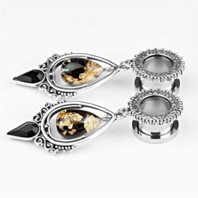 img 3 attached to 🏻 Large Dangle Bridal Plug Ear Gauges Stretching Tapers Screw Fit Tunnels with TBOSEN Black Obsidian Stone in Teardrop Stainless Steel