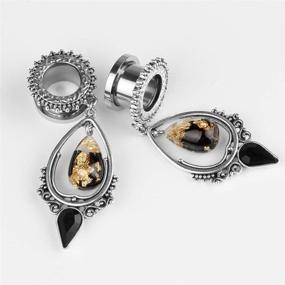 img 2 attached to 🏻 Large Dangle Bridal Plug Ear Gauges Stretching Tapers Screw Fit Tunnels with TBOSEN Black Obsidian Stone in Teardrop Stainless Steel