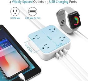 img 1 attached to 💙 TESSAN Flat Plug USB Power Strip with 9.8 FT Extension Cord: 4 Outlets, 3 USB Ports, Compact Size, Wall Mountable - Ideal for Home & Office Charging, Blue