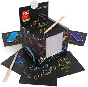 img 1 attached to 🎨 Arteza Scratch Paper Set - 404 Scratch-Off Notes, 3.5 x 3.5 Inches, 200 Rainbow-Themed & 200 Holographic Sheets in Gold, Silver, Pink, Blue - Includes 4 Gold-Foil Star Backgrounds, 4 Wooden Styluses, and 4 Sharpeners
