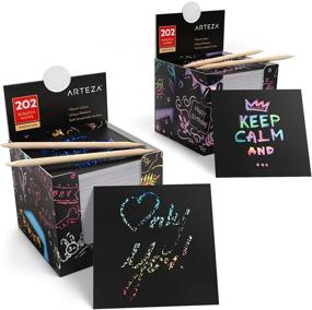 img 3 attached to 🎨 Arteza Scratch Paper Set - 404 Scratch-Off Notes, 3.5 x 3.5 Inches, 200 Rainbow-Themed & 200 Holographic Sheets in Gold, Silver, Pink, Blue - Includes 4 Gold-Foil Star Backgrounds, 4 Wooden Styluses, and 4 Sharpeners