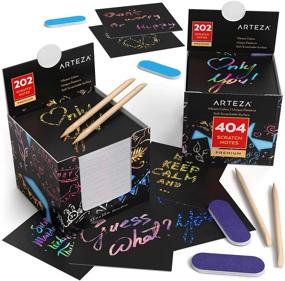 img 4 attached to 🎨 Arteza Scratch Paper Set - 404 Scratch-Off Notes, 3.5 x 3.5 Inches, 200 Rainbow-Themed & 200 Holographic Sheets in Gold, Silver, Pink, Blue - Includes 4 Gold-Foil Star Backgrounds, 4 Wooden Styluses, and 4 Sharpeners