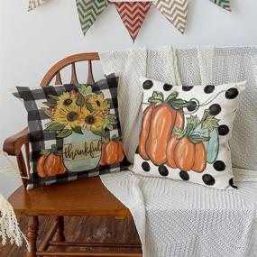 img 3 attached to 🌻 Colorful Fall Watercolor Buffalo Plaid Bow Sunflower Pumpkin Pillow Covers - Set of 4