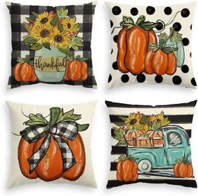 img 4 attached to 🌻 Colorful Fall Watercolor Buffalo Plaid Bow Sunflower Pumpkin Pillow Covers - Set of 4