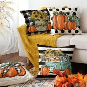 img 2 attached to 🌻 Colorful Fall Watercolor Buffalo Plaid Bow Sunflower Pumpkin Pillow Covers - Set of 4