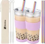 🥤 кружка boba cup для смузи и бабл ти. набор из 2 стаканов, емкостью 24 унции, из стекла, с крышками и 4 угловыми трубочками, силиконовым чехлом и герметичной крышкой. подходит для больших жемчужных кофе и сока. отличный подарок на рождество - покупайте сейчас! логотип