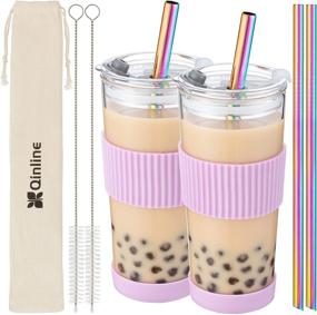 img 4 attached to 🥤 Кружка Boba Cup для смузи и бабл ти. Набор из 2 стаканов, емкостью 24 унции, из стекла, с крышками и 4 угловыми трубочками, силиконовым чехлом и герметичной крышкой. Подходит для больших жемчужных кофе и сока. Отличный подарок на Рождество - Покупайте сейчас!