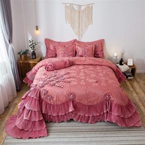 img 1 attached to Elegant Satin Lace Cascading Ruffles Floral Embellished Victorian Rose Pink 6 Piece Bedding Set for Royal Princess Dreams Comforter, California King