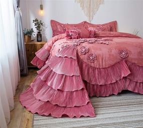 img 3 attached to Elegant Satin Lace Cascading Ruffles Floral Embellished Victorian Rose Pink 6 Piece Bedding Set for Royal Princess Dreams Comforter, California King