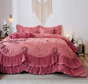 img 4 attached to Elegant Satin Lace Cascading Ruffles Floral Embellished Victorian Rose Pink 6 Piece Bedding Set for Royal Princess Dreams Comforter, California King
