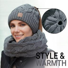 img 3 attached to 🧣 Knitted Hat Scarf Set with BeanieTail, Winter Ponytail Beanie, Warm Women's Beanie Scarf Set in Grey