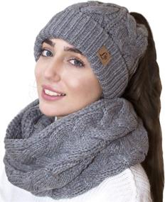 img 4 attached to 🧣 Knitted Hat Scarf Set with BeanieTail, Winter Ponytail Beanie, Warm Women's Beanie Scarf Set in Grey