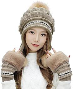 img 3 attached to Winter Ski Hat Set for Women: Bellady Knit Beanie Cap with Earflap, Pom, and Gloves