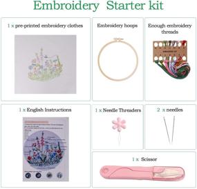 img 2 attached to Beginner's Stamped Embroidery Kit - Complete Set with Patterned Cloth, Embroidery Hoop, Instruction Guide, Colorful Floss Threads, and Needles (Bellflower)