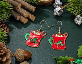 img 2 attached to Fankeshow Christmas Holly Berry Coffee Cup Earrings – Adorn with Holly, Cute Golden Cup Design, Festive Christmas Decor