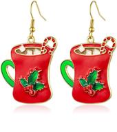 fankeshow christmas holly berry coffee cup earrings – adorn with holly, cute golden cup design, festive christmas decor logo