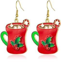 img 4 attached to Fankeshow Christmas Holly Berry Coffee Cup Earrings – Adorn with Holly, Cute Golden Cup Design, Festive Christmas Decor