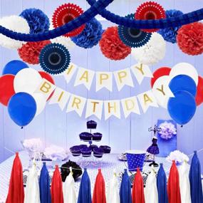 img 2 attached to 🎉 Carnival Party Decoration Kit - Red Navy Blue White Birthday Baby Shower - 'Happy Birthday' Banner, Tissue Pom Pom, Paper Fan, Paper Tassel, Latex Balloon, Clover Garland