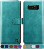 📱 slim suanpot wallet case for samsung galaxy note 8 - rfid blocking, leather cover with card holder, flip folio book design - shockproof, for women and men - blue green logo