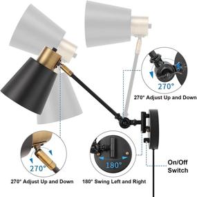 img 1 attached to 💡 Pair of ENCOMLI Dimmable Plug in Wall Sconces with Swing Arm, On/Off Switch, Black Brass Industrial Design, E26 Base