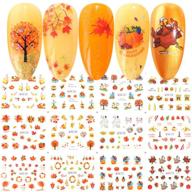 festive fall nail stickers: maple leaf, pumpkin & turkey designs for halloween, thanksgiving - 12 sheets water transfer nail art decals for women, girls, & kids - diy thanksgiving day decorations logo