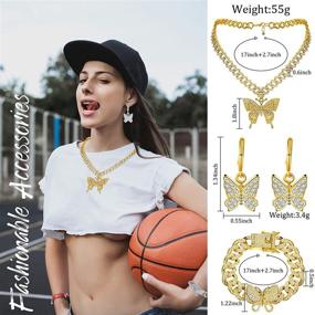 img 2 attached to 💎 Cuban Chain Necklace and Bracelet Set with Big Butterfly Pendant - Rhinestone Cuban Link Necklace, Bling Charm Butterfly Hoop Earrings, for Women and Girls