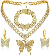 💎 cuban chain necklace and bracelet set with big butterfly pendant - rhinestone cuban link necklace, bling charm butterfly hoop earrings, for women and girls logo