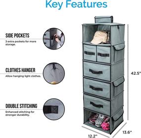 img 1 attached to 👕 SMIRLY Grey Hanging Closet Organizer Shelves - 6 Shelf Storage with Clothes Drawers and Purpose Made Pockets