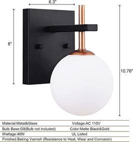 img 3 attached to 🔦 Освещение Rayshion: Современная настенная светильник с глобусом из стекла, дизайн середины века, настенная лампа с проводом для спальни, зеркала, гостиной - металл и стекло, черный и золотой, 1 светильник