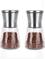 🧂 premium stainless steel salt and pepper grinder set - short glass refillable shaker with adjustable coarseness mill - ideal for sea salt, himalayan, peppercorn, and spices logo