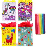 🦄 llama unicorn birthday party gift wrap supplies - set of 4 large 13-inch tote bags with rainbow tissue paper logo