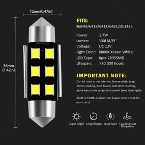 img 2 attached to 🔆 AuxLight 6SMD Canbus Error Free LED Interior Light Bulbs Pack - Xenon White, 6000K, Super Bright 6418 6411 DE3425 C5W DE3423 36MM 1.42” Festoon for Dome Map Door Courtesy License Plate Lights (Pack of 6)