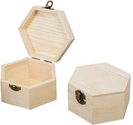 set of 2 unfinished wood boxes - 5.1''x5.1''x2.7'' hexagon wooden treasure storage box - natural diy craft stash boxes with hinged lid and front clasp - ideal for crafts, art, hobbies, and home storage logo