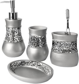 img 4 attached to Stylish and Functional Gray Bathroom Accessories Set - 4 Piece Bling Silver Mosaic Glass Decor Set for Home, Bath Restroom - Soap Dispenser, Toothbrush Holder, Tumbler, Soap Dish