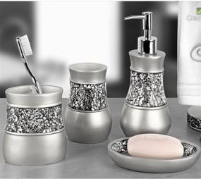 img 3 attached to Stylish and Functional Gray Bathroom Accessories Set - 4 Piece Bling Silver Mosaic Glass Decor Set for Home, Bath Restroom - Soap Dispenser, Toothbrush Holder, Tumbler, Soap Dish