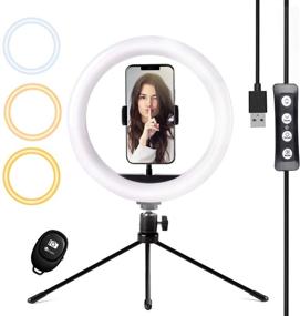 img 4 attached to HPUSN 10-Inch Desktop Selfie Ring Light with Tripod Stand & Phone Holder - Dimmable Desk LED Makeup Ring Light for Photography and Shooting, 3 Light Modes - Compatible with iPhone and Android